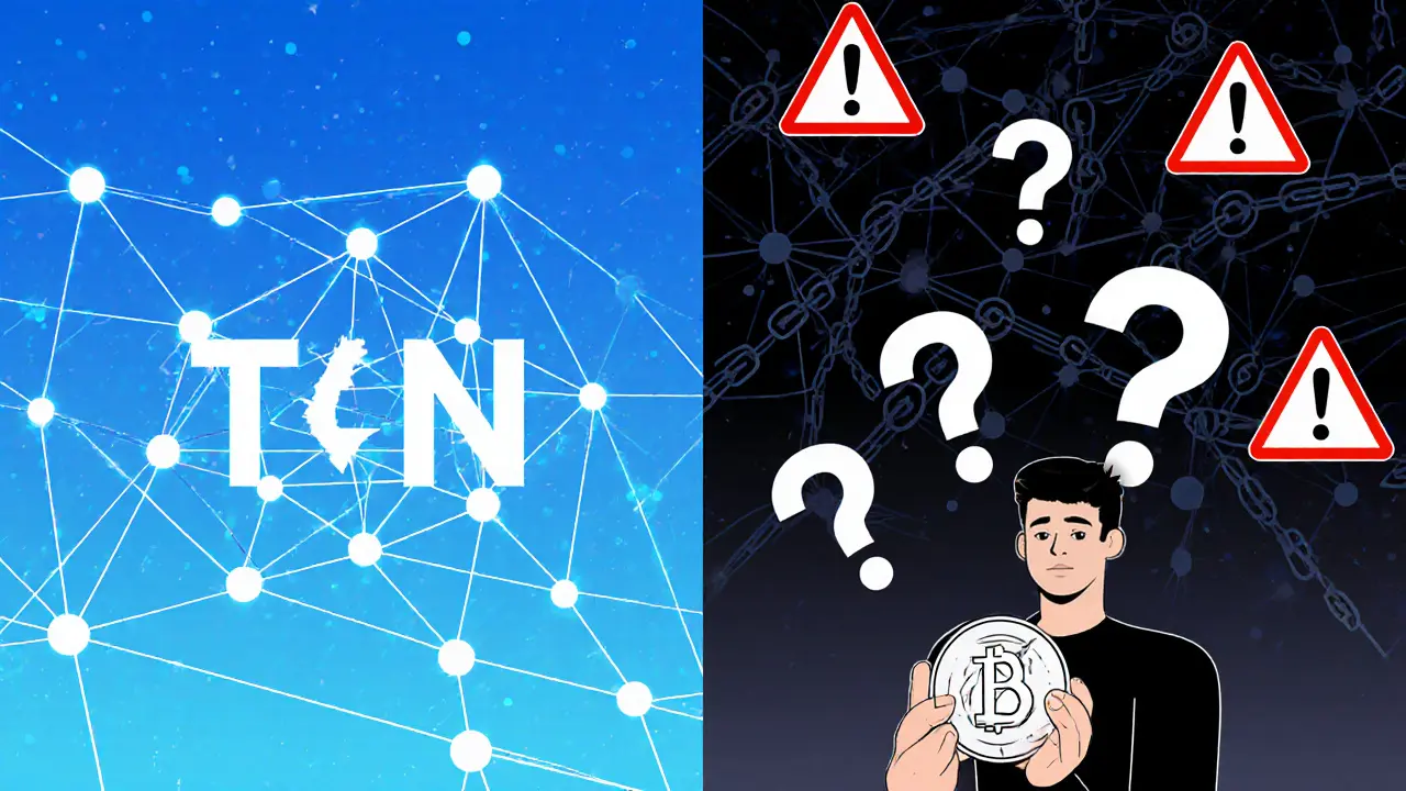 Scène divisée : réseau TON propre à gauche, chaîne BSC chaotique à droite, avec un investisseur hésitant tenant un jeton TCAPY.