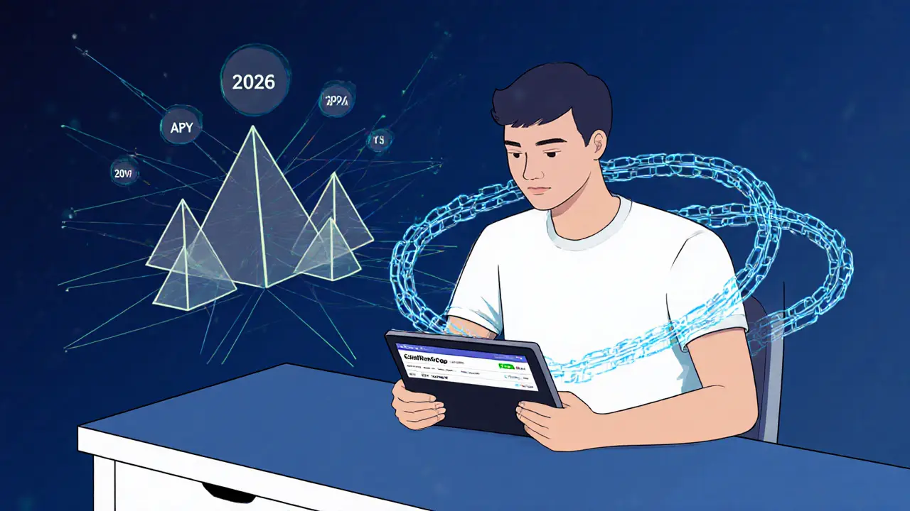 Un utilisateur interagit avec CoinMarketCap tandis que des chaînes numériques relient ses mains à des graphiques de rendement.