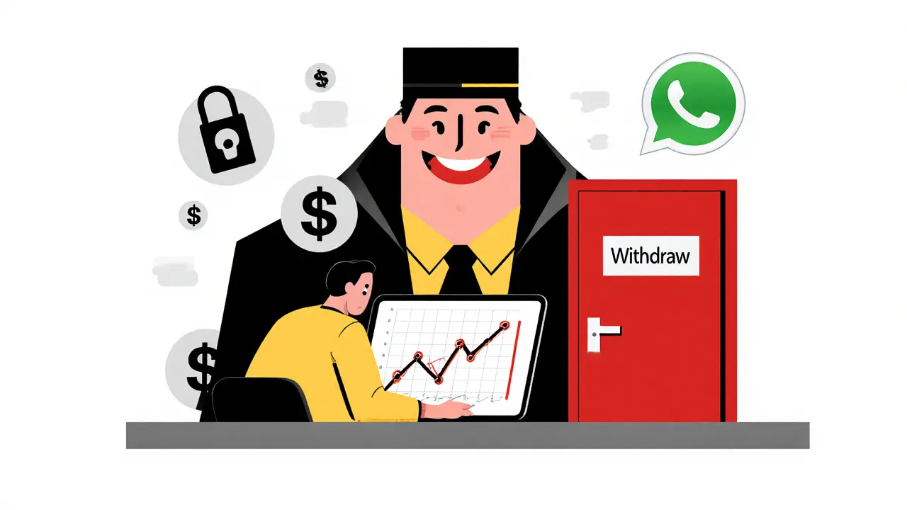 Une personne regardant un téléphone avec des gains fictifs, tandis qu'un 'professeur' de crypto l'observe avec des symboles d'argent.