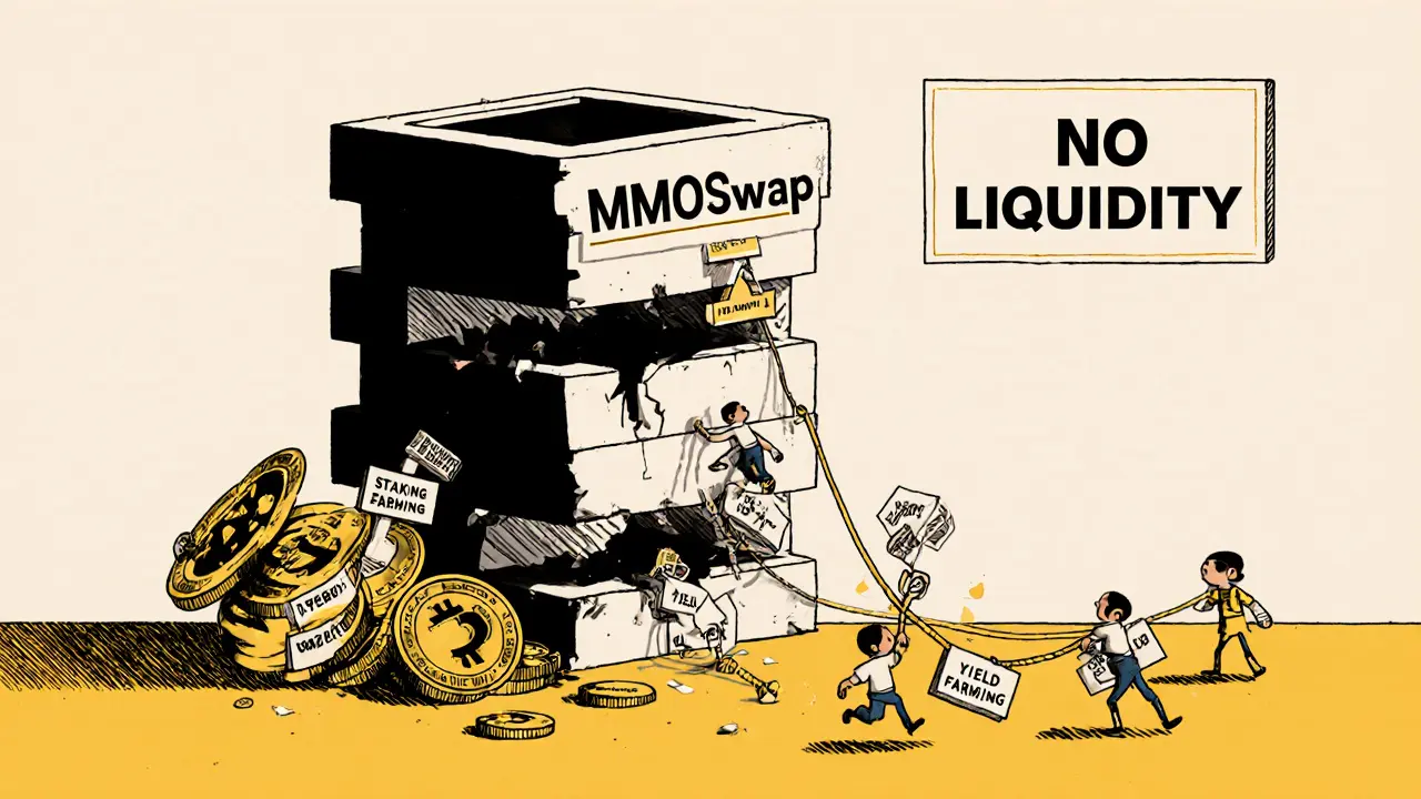 Une tour en chute libre étiquetée MMOSwap, avec des figures essayant d'escalader des cordes sans issue.