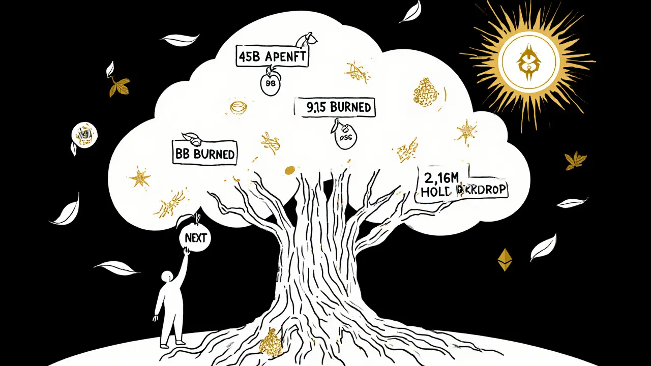 Arbre numérique portant des fruits représentant les chiffres clés d&#039;APENFT, avec des pinceaux IA et un jeton soleil, style Bauhaus.