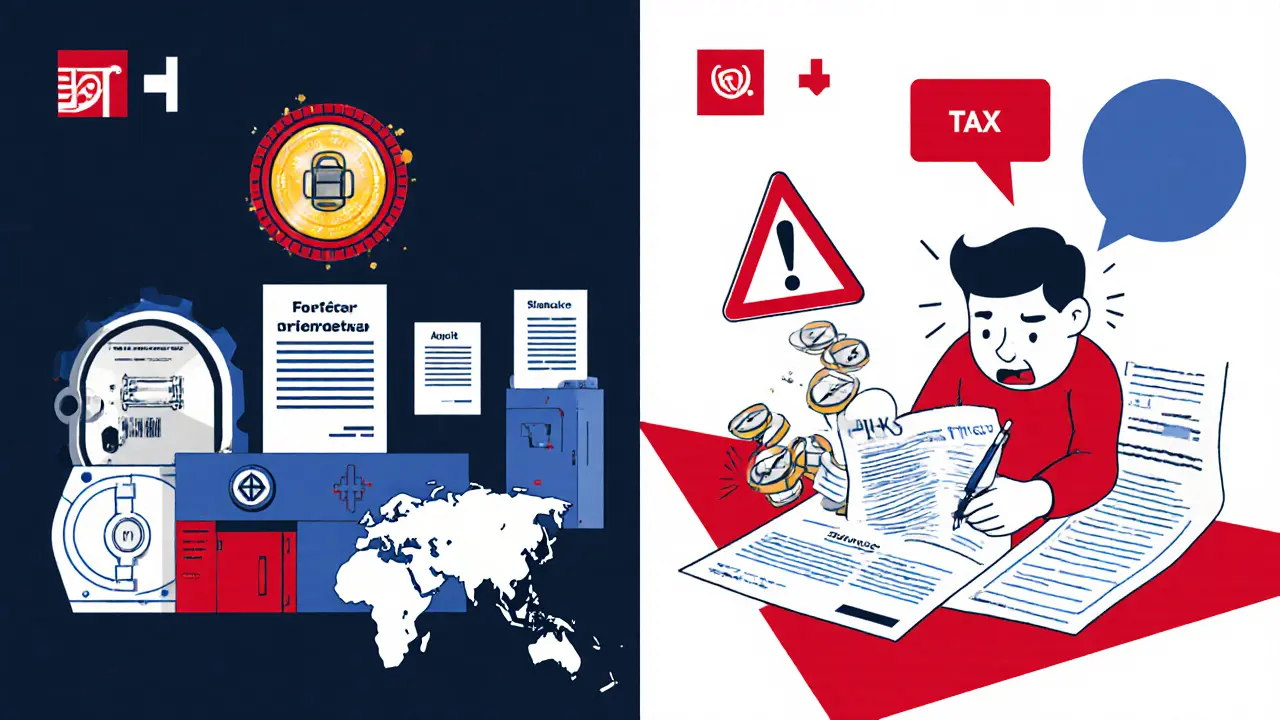 Comparaison entre un échange local sécurisé et une plateforme étrangère avec un impôt de 1 % en rouge.