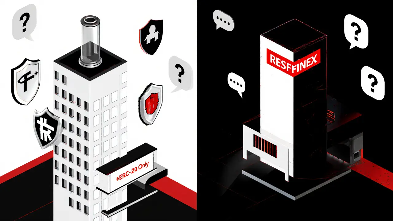 Contraste entre une bourse sécurisée et Resfinex isolé, représenté comme une tour sans fenêtres.