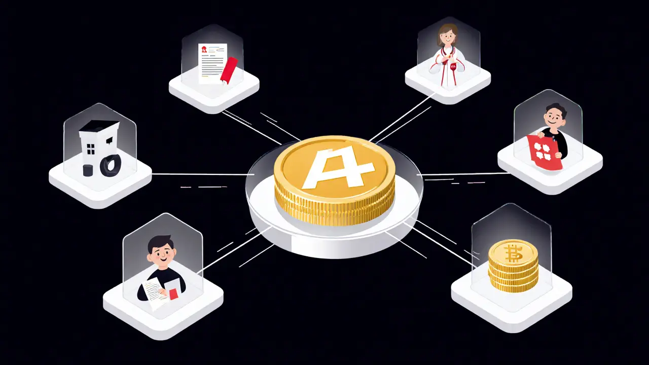 Écosystème ASK connecté à la santé, l&#039;éducation et le commerce en style Bauhaus minimaliste.