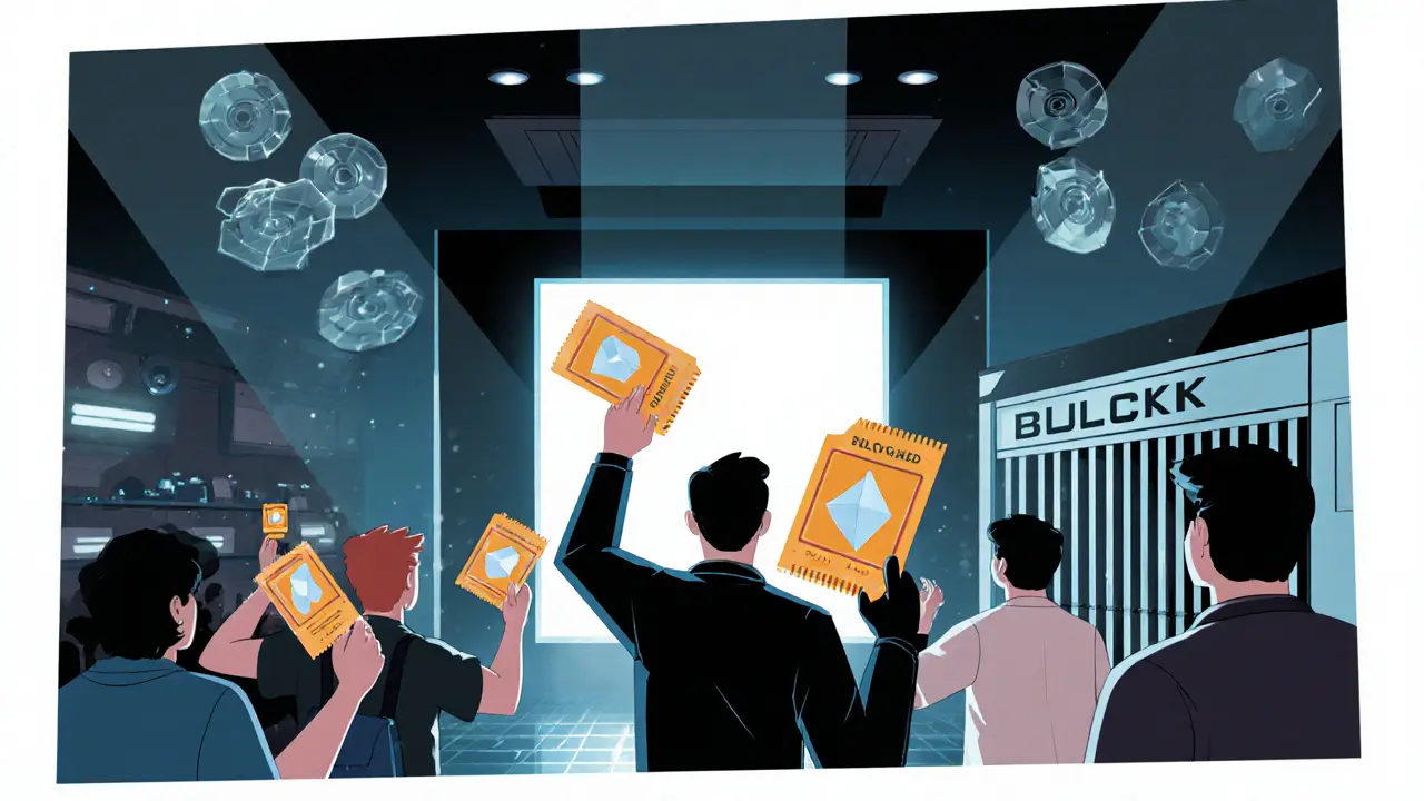 Fans entrant à un événement avec des billets NFT géométriques, tandis que les revendeurs sont bloqués.