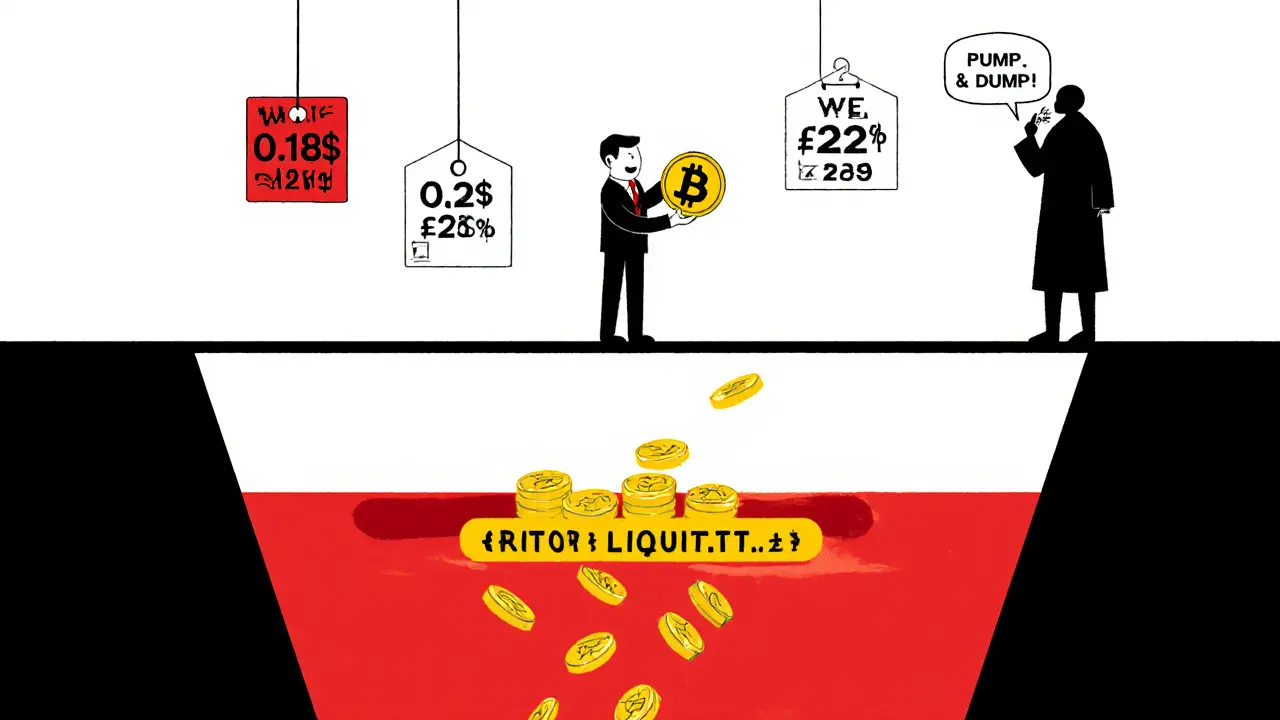 Investisseur sur un pont fragile de prix WISE, au-dessus d&#039;un gouffre &#039;Faible liquidité&#039; avec ombre de &#039;Pump &amp; Dump&#039;.