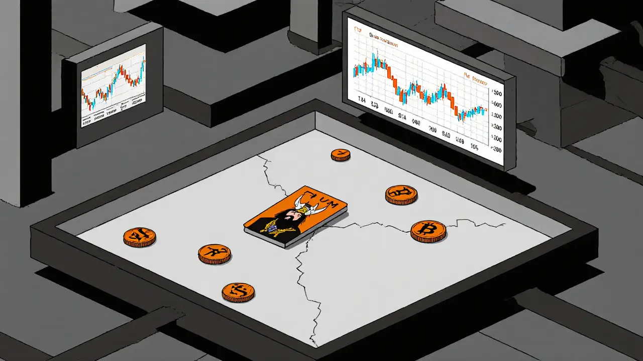 Marché numérique vide avec des jetons TAUM abandonnés et des graphiques de volume nul.