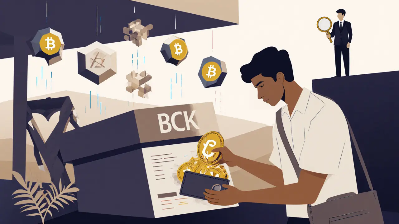 Paysage financier indonésien futuriste avec staking, stablecoins et un contrôleur fiscal en arrière-plan.