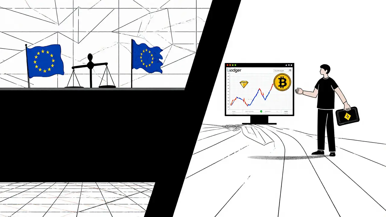 Scène divisée : régulation UE bloquée d&#039;un côté, trading privé de l&#039;autre.