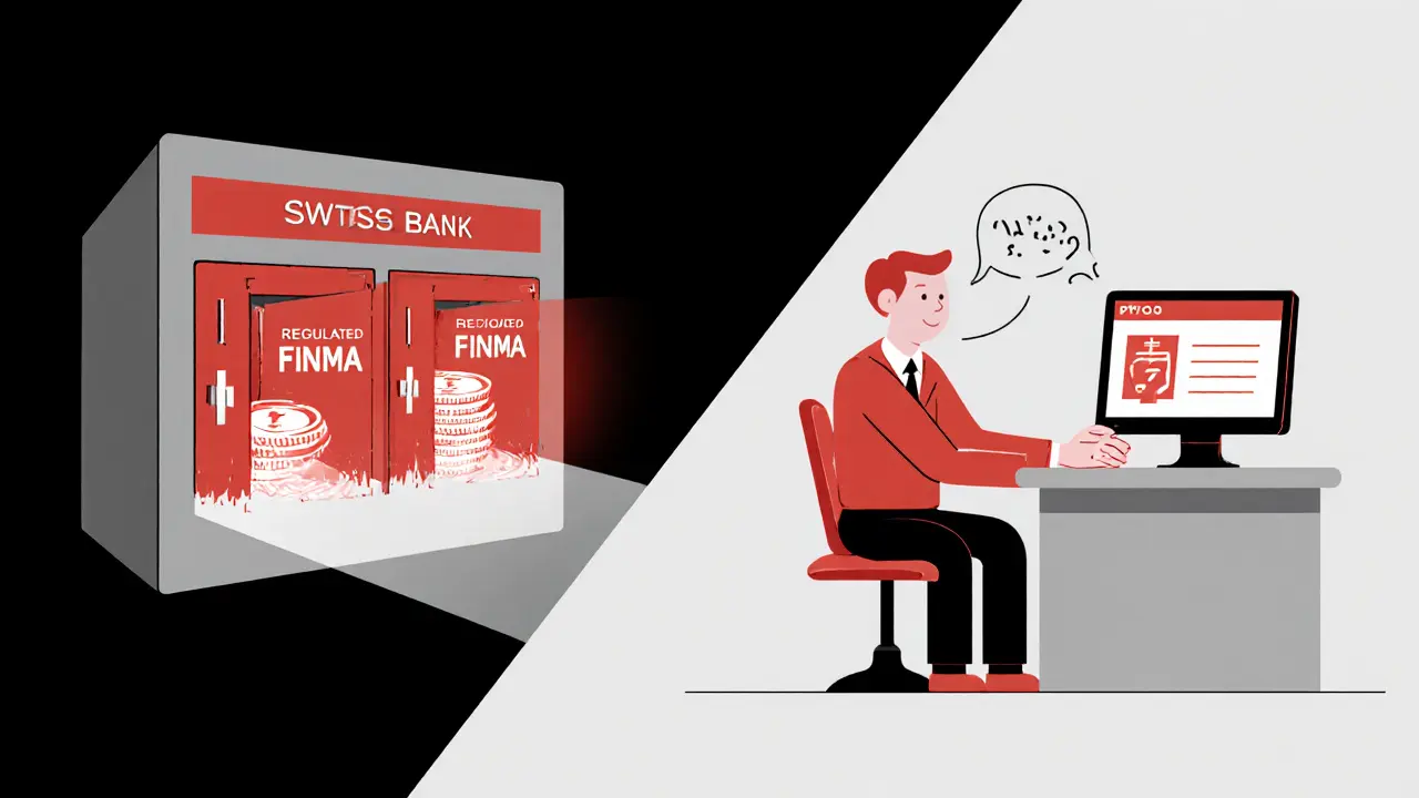 Scène divisée : une banque suisse régulée à gauche, un registre américain réticent à droite.