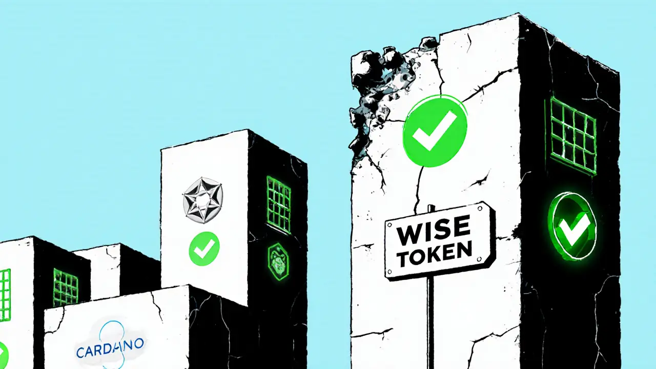 Tour solide pour ADA/DOT/stETH contre tour en ruine pour WISE Token, sans code ni communauté, style Bauhaus.