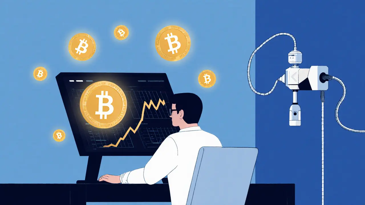 Trader avec des graphiques ERC20 et des jetons RES inactifs, entouré d'un bot de trading automatisé.