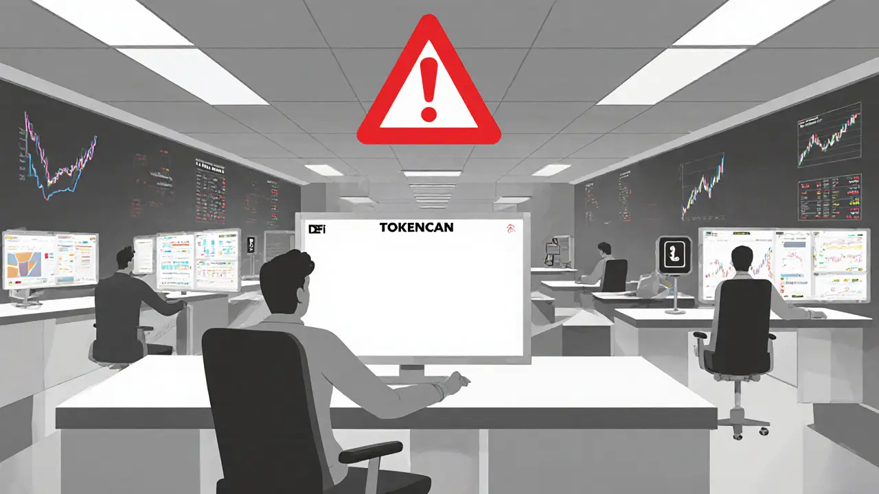 Un bureau isolé TOKENCAN sans fonctionnalités modernes dans un environnement de trading futuriste.