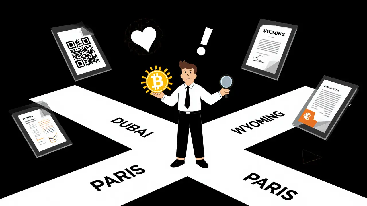 Un investisseur face à des chemins juridiques mondiaux pour les NFT immobiliers, dans un style Bauhaus.