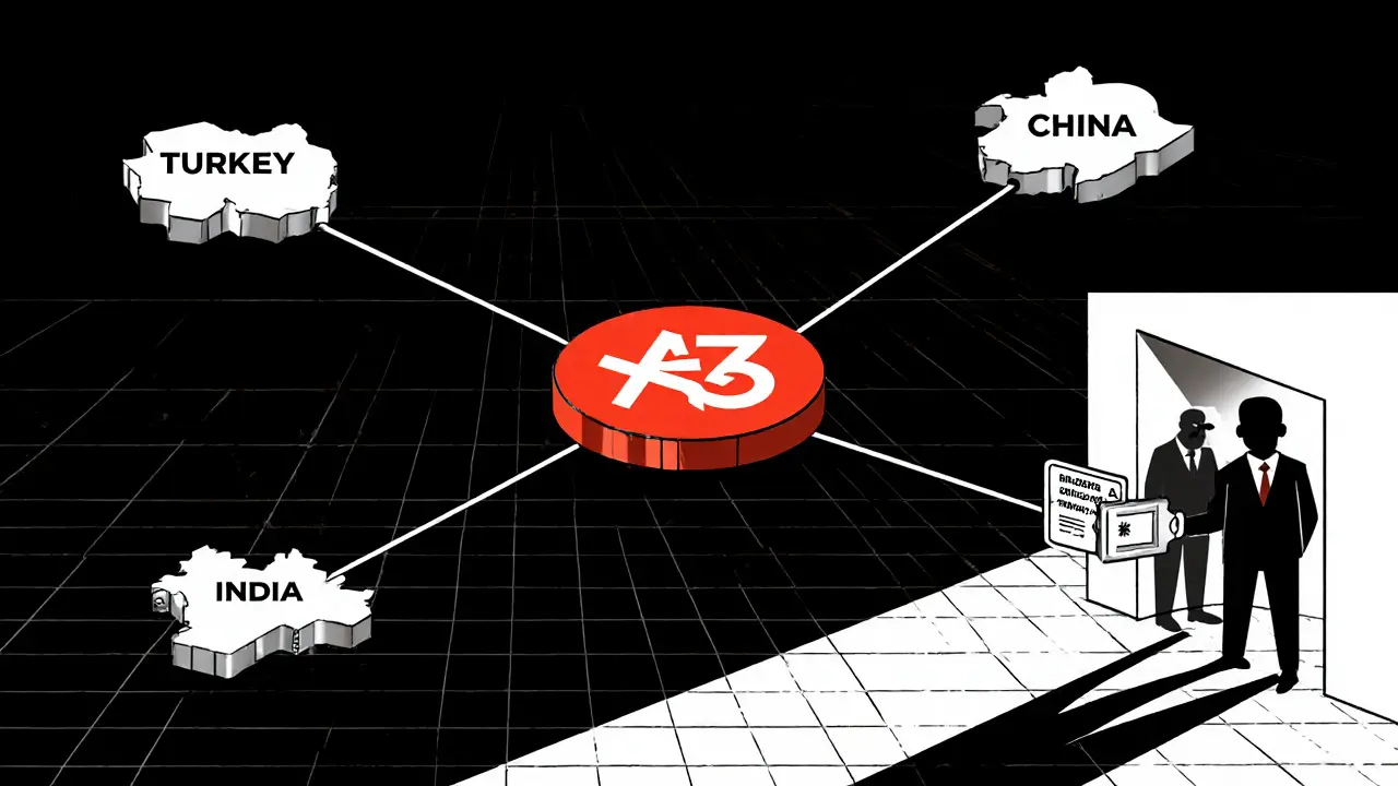 Un réseau géométrique de stablecoins reliant la Russie à la Turquie, l&#039;Inde et la Chine.