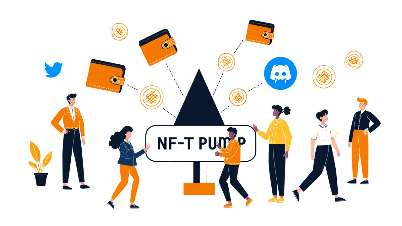 Utilisateurs connectant leurs portefeuilles à NFT Pump, avec des logos des réseaux sociaux en arrière-plan, style géométrique Bauhaus.