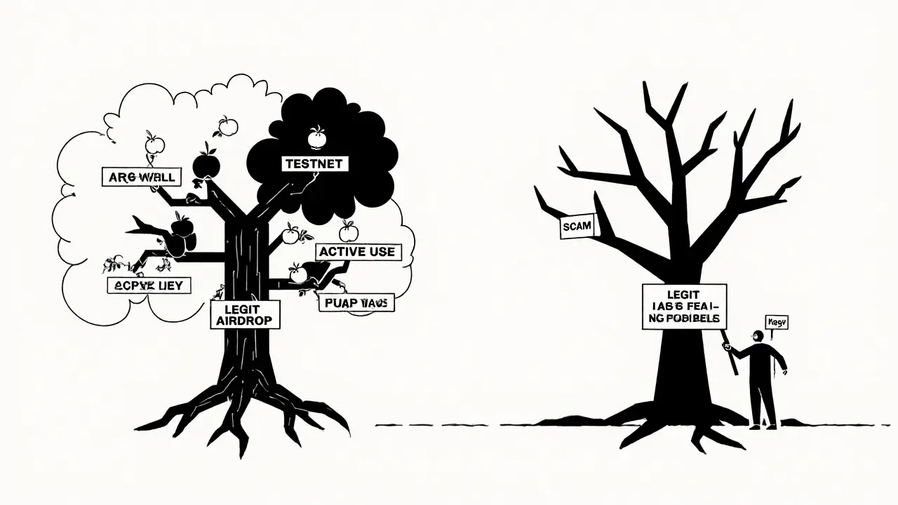 Arbre blockchain portant des fruits d&#039;airdrop légitime, tandis qu&#039;un arbre de fraude est abattu, en style Bauhaus abstrait.