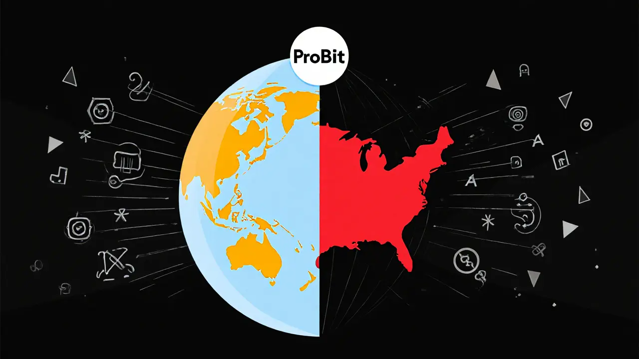 Carte mondiale montrant les régions autorisées et bloquées sur ProBit, style Bauhaus.