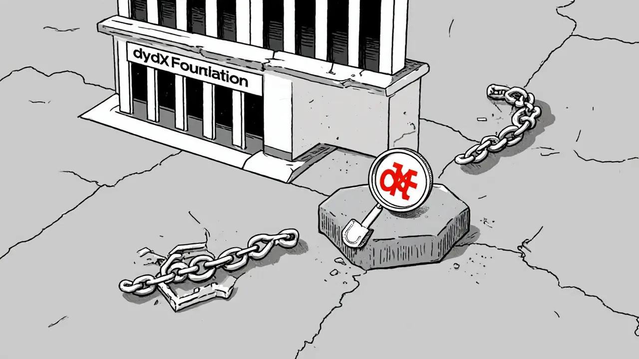 Chaîne blockchain brisée entre fondation dYdX et réseau décentralisé.