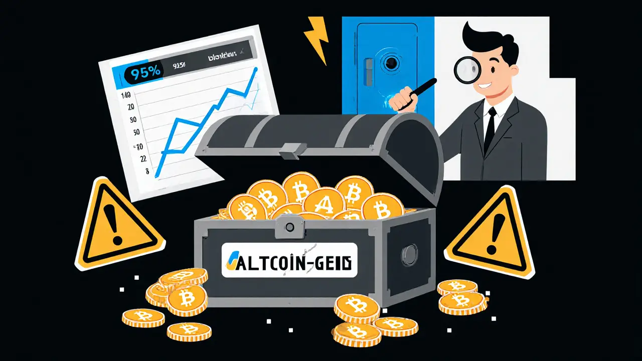 Coffre aux trésors d&#039;altcoins rares avec des signes d&#039;avertissement, illustration Bauhaus.