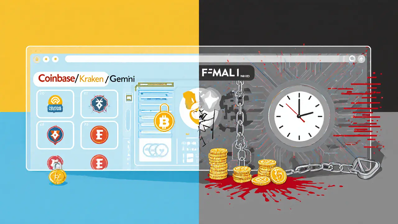 Comparaison entre un échange de crypto sûr et une plateforme frauduleuse en style Bauhaus abstrait.