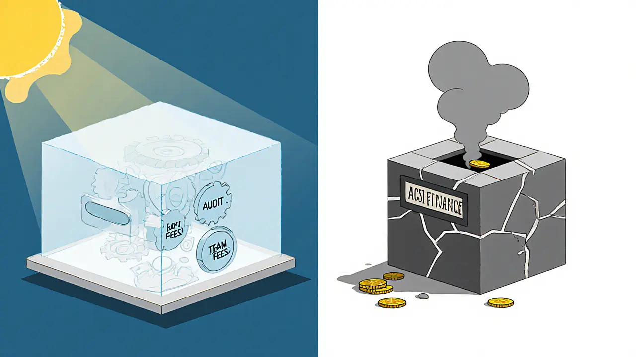 Comparaison visuelle entre une plateforme transparente et une boîte noire anonyme, style Bauhaus.
