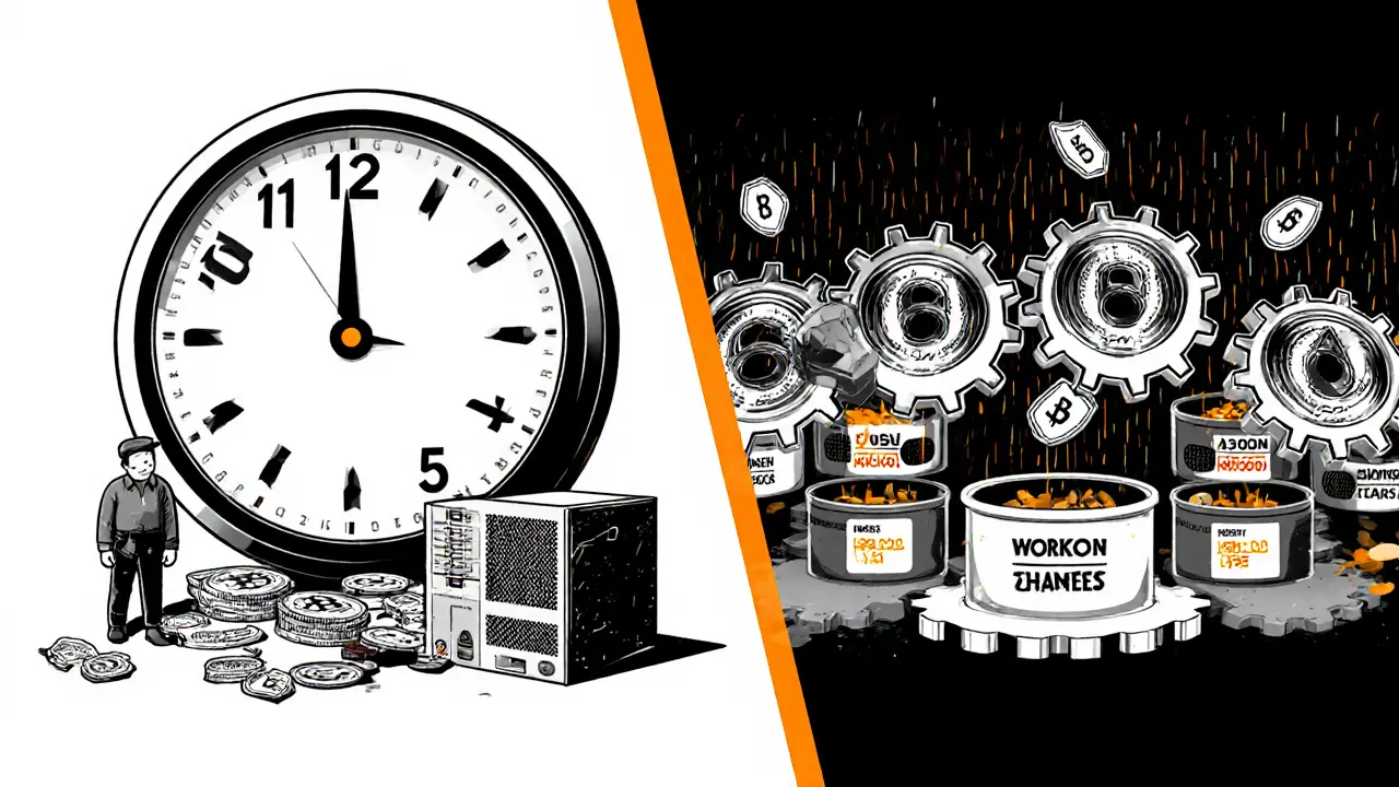 Contraste entre le minage solitaire isolé et le minage en groupe coopératif, avec des récompenses réparties en parts équitables.