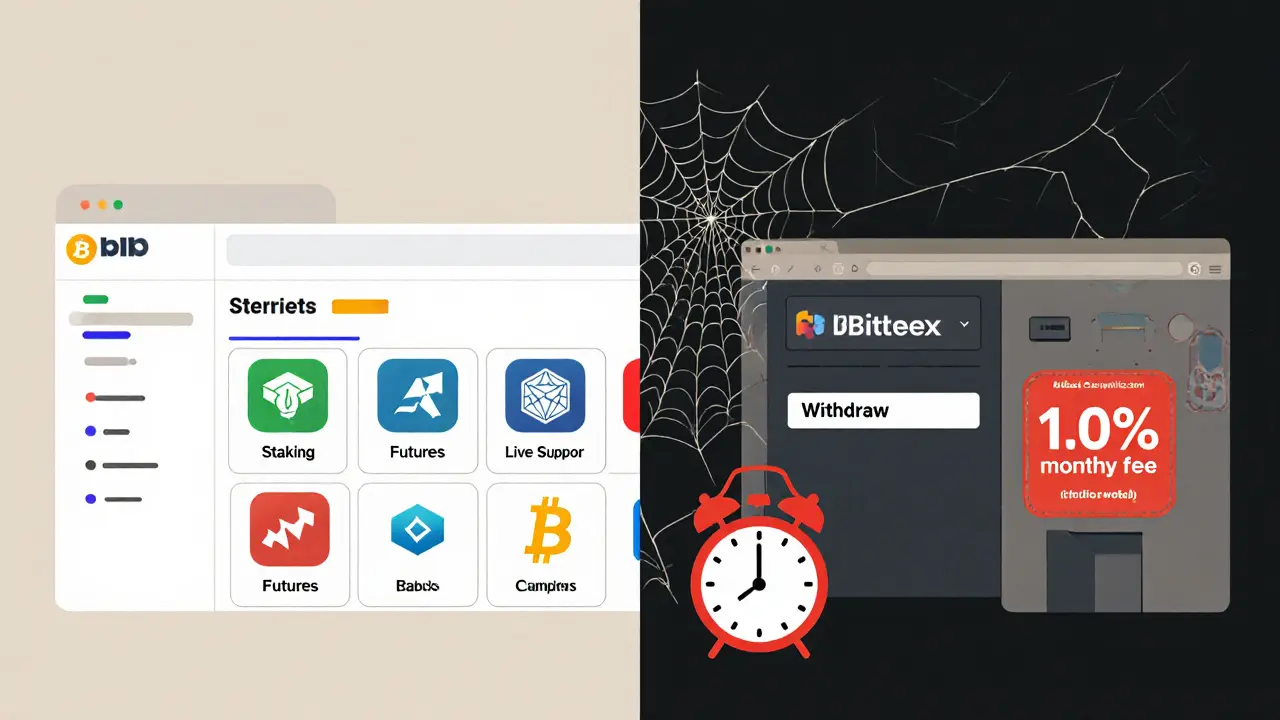 Contraste entre une plateforme moderne et Bittrex Global obsolète avec des frais mensuels.