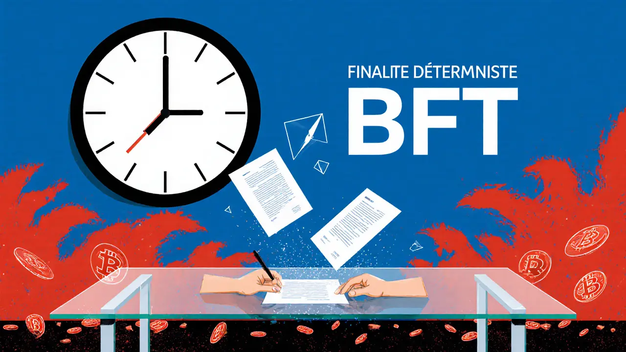 Contrats numériques signés sur une table transparente, avec une barrière BFT bleue arrêtant des transactions chaotiques rouges.