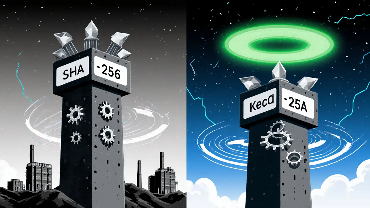 Deux algorithmes de hachage comparés : SHA-256 lourd et Keccak-256 efficace, en style Bauhaus.