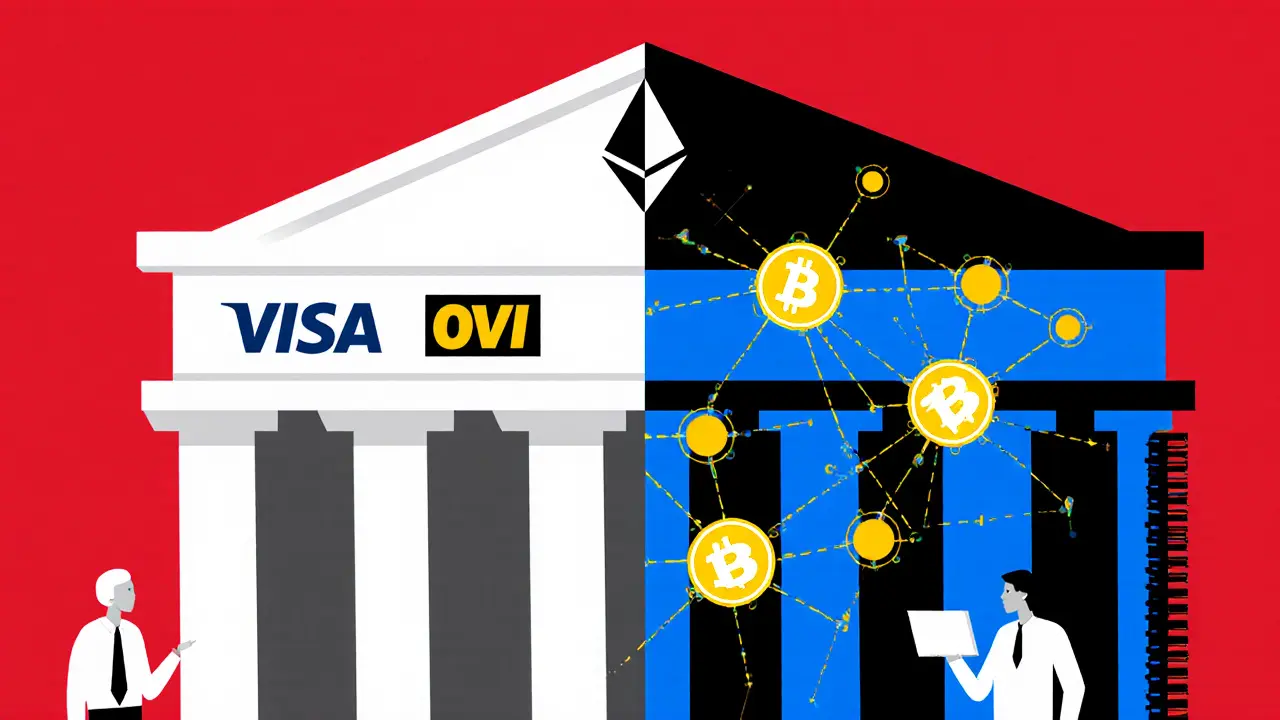 Hub financier hybride où une banque traditionnelle se transforme en réseau blockchain avec des agents IA analysant des données.