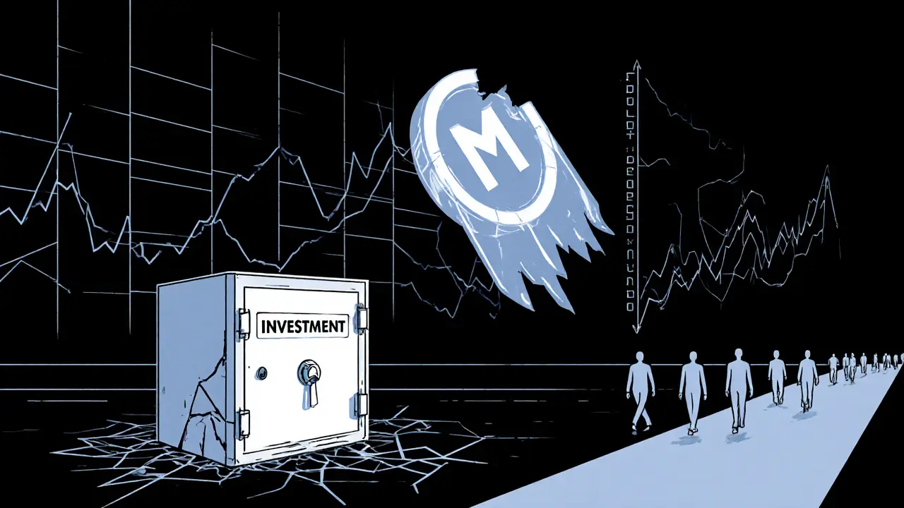 Jeton MustangCoin fantôme flottant dans un vide numérique, avec des graphiques de volume nul.