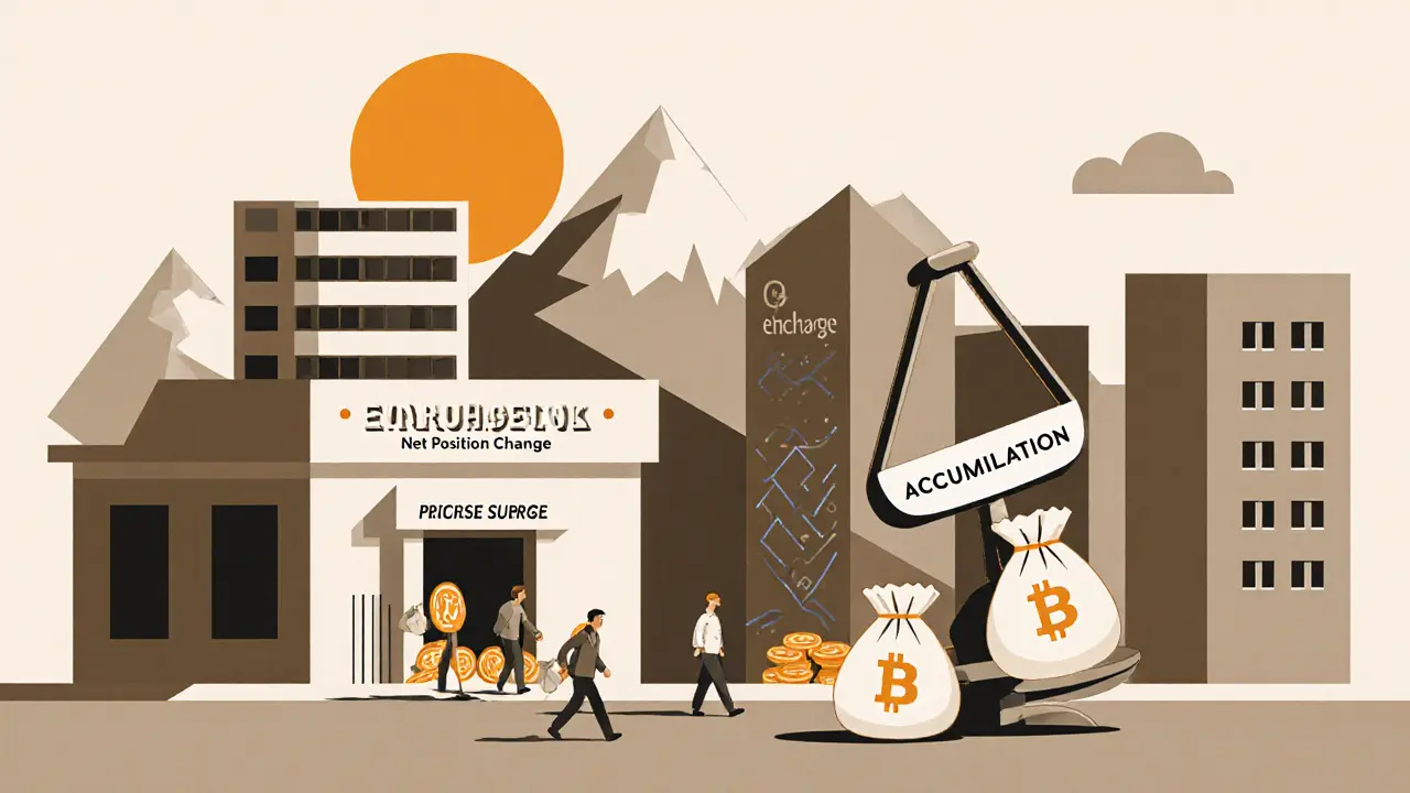 Métaphore urbaine de flux de crypto entre échanges et portefeuilles privés, avec une balance et un soleil levant.