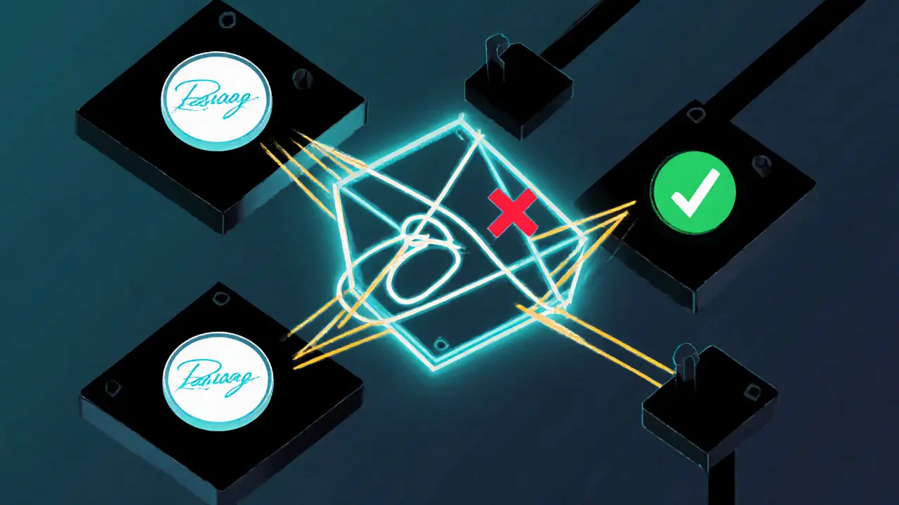 Nœuds blockchain vérifiant une transaction valide avec une courbe elliptique et un message d&#039;erreur pour une tentative de falsification.