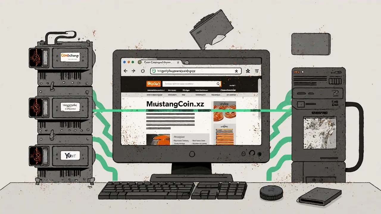 Ordinateur obsolète affichant un site web mort, avec des portefeuilles crypto abandonnés.