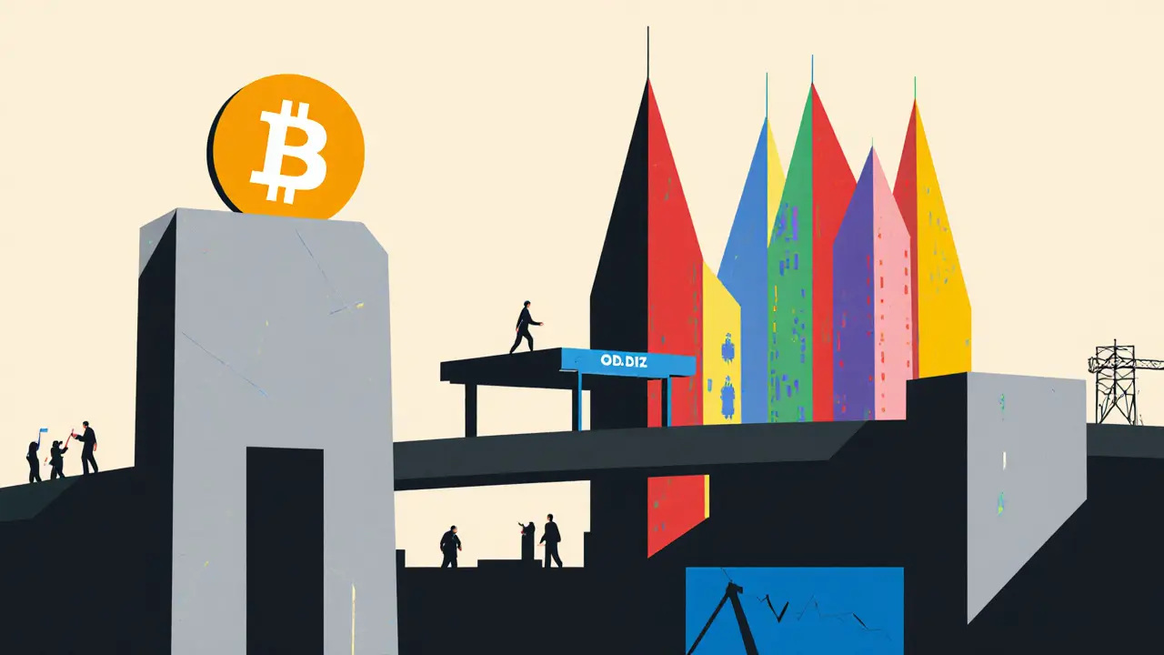 Pont géométrique reliant Bitcoin à la plateforme Oddz, symbolisant l&#039;intégration future des Layer 2.