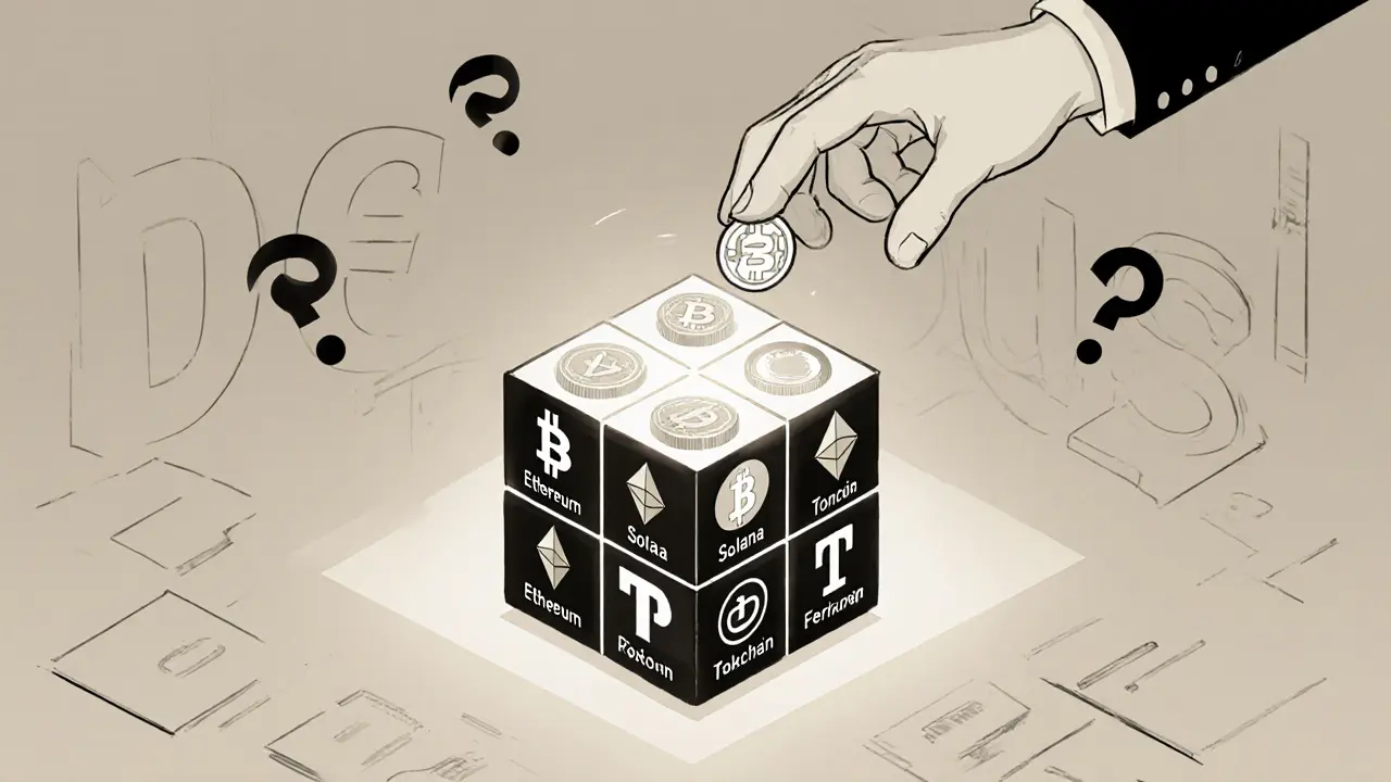 Portefeuille DeFi unifié en forme de cube avec plusieurs blockchains, en style Bauhaus minimaliste.