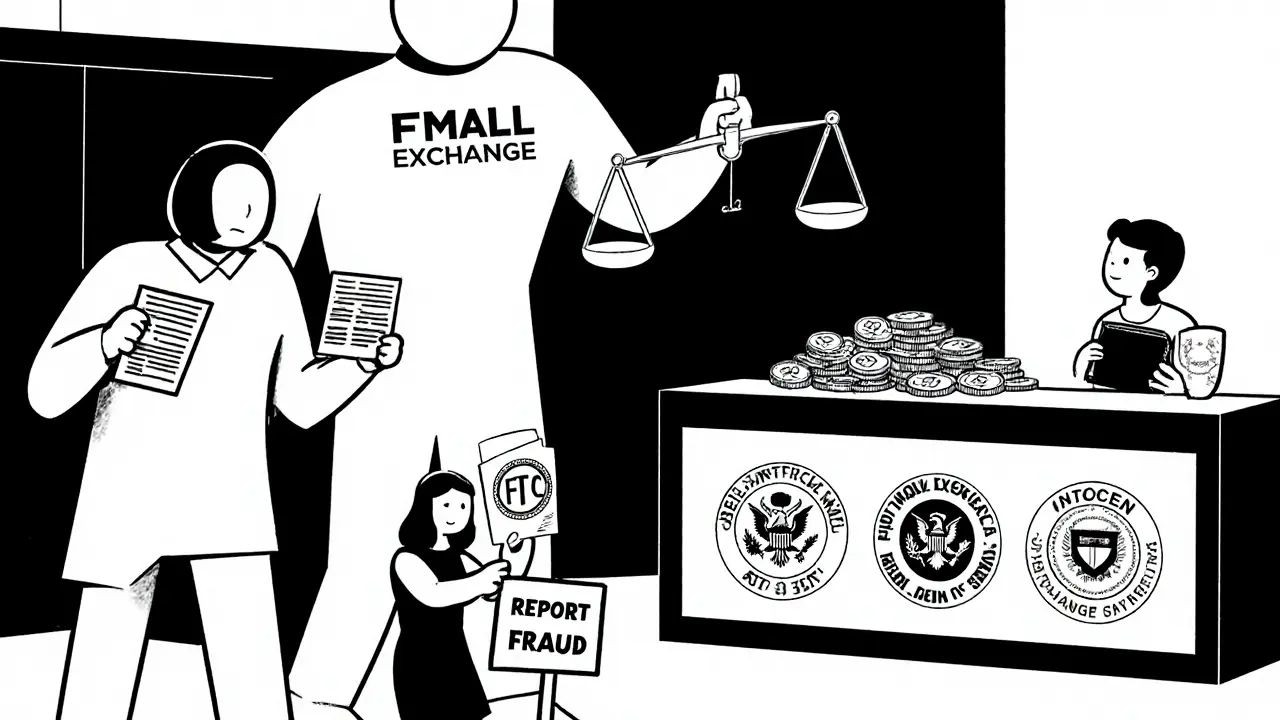 Procès d&#039;une plateforme de crypto frauduleuse devant des autorités réglementaires en style Bauhaus.