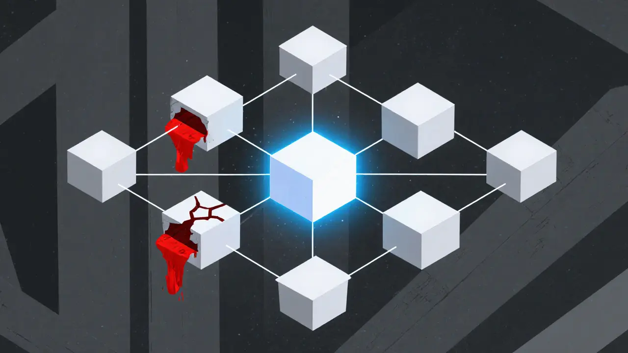 Réseau blockchain en formes géométriques : deux tiers des nœuds brillent en bleu, un tiers sont brisés en rouge.