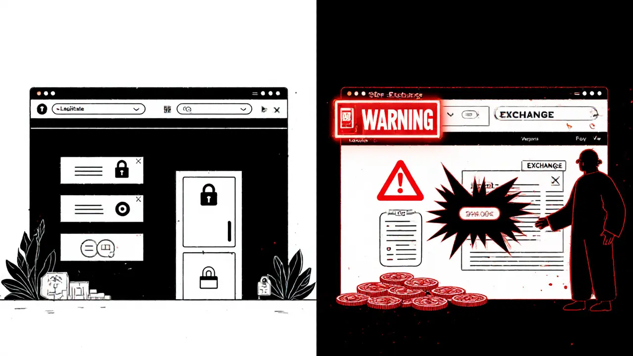 Scène comparant une bourse légitime avec des audits et coffres-forts contre un site frauduleux Muda avec des signaux d&#039;alerte rouges.