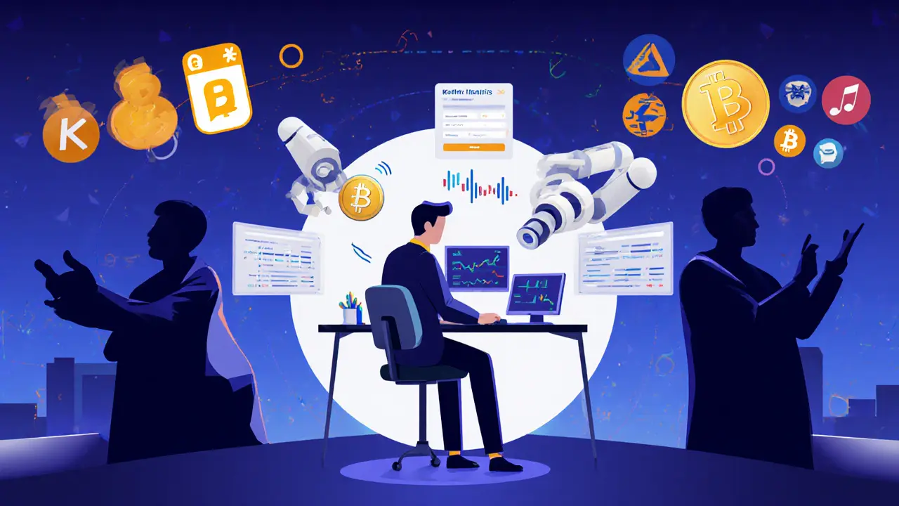 Trader avancé entouré de bots, face à des plateformes plus grandes.