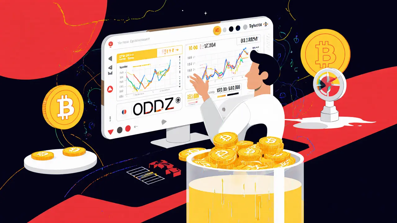 Trader interagissant avec une interface holographique d&#039;Oddz, entouré de symboles de staking et de liquidité.