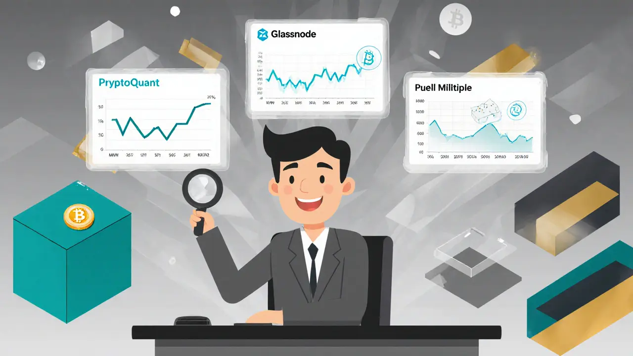 Trader regardant trois tableaux de bord holographiques de données on-chain avec des métriques simplifiées.