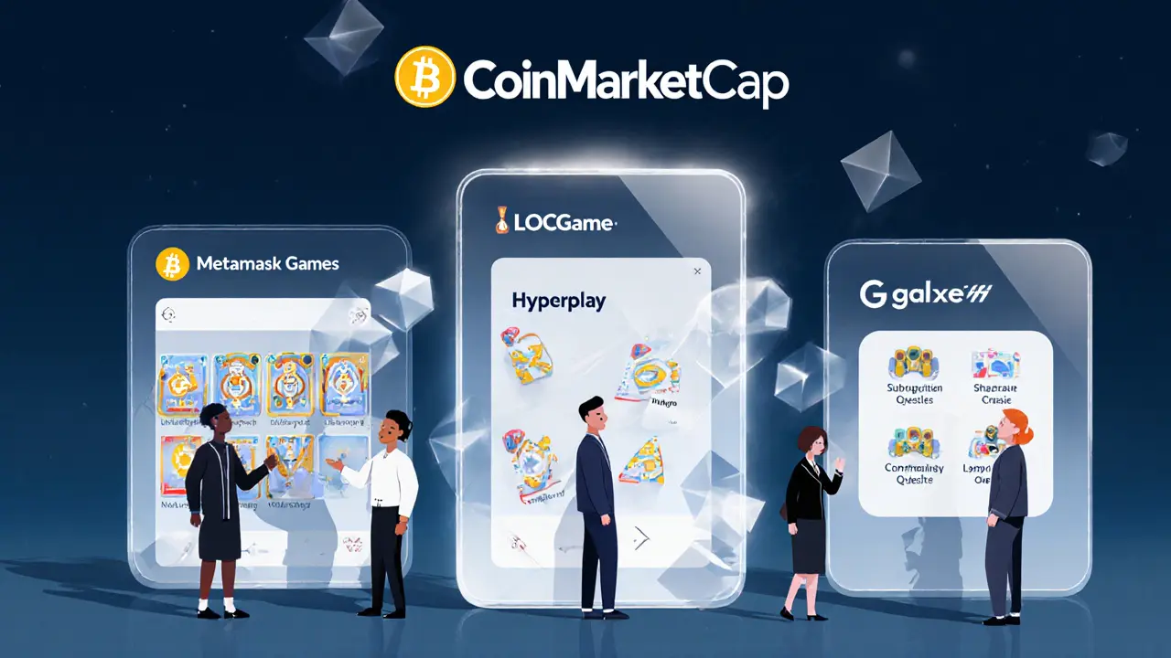 Trois écrans numériques montrent des interfaces de jeu LOCGame, avec un logo CoinMarketCap en arrière-plan.
