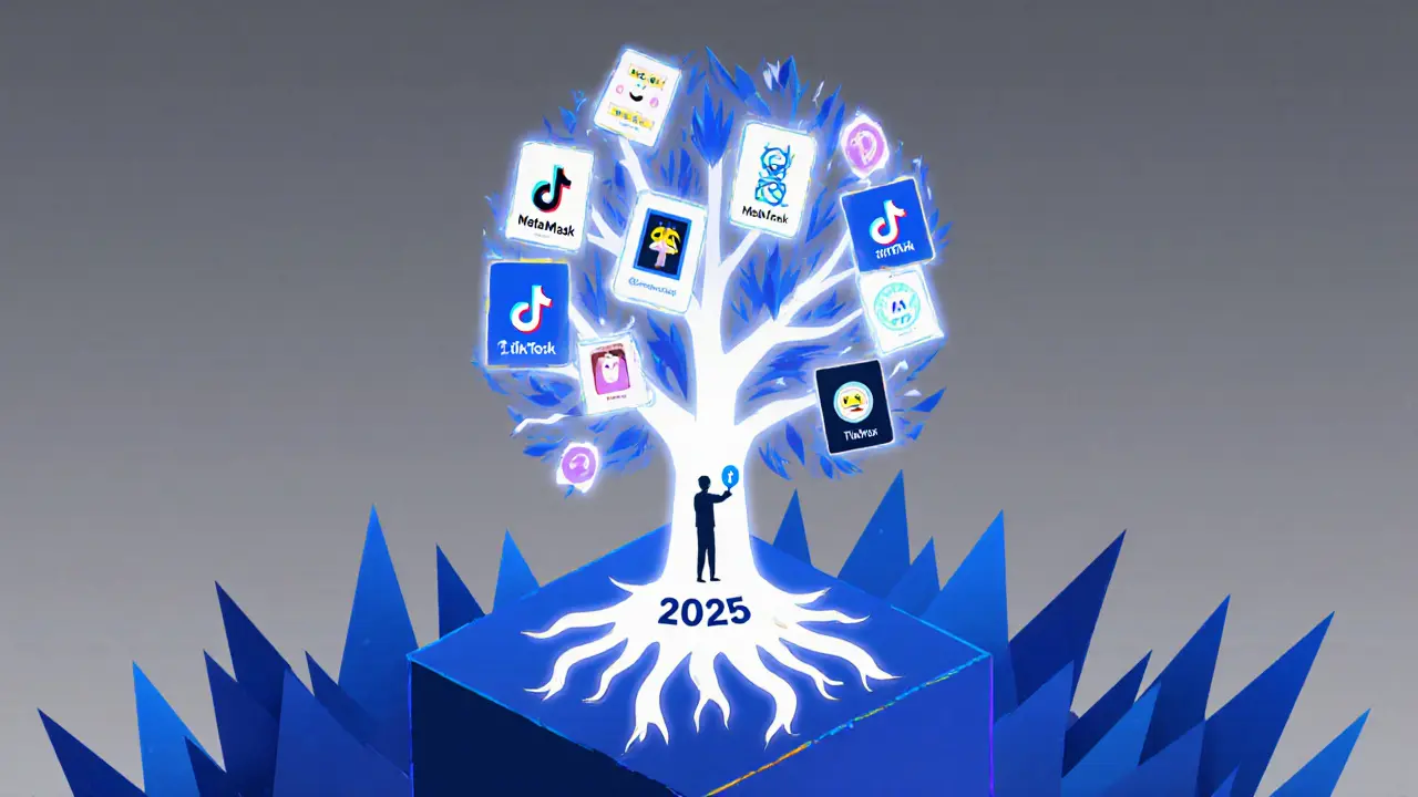 Un arbre blockchain aux feuilles de cartes NFT memes, un joueur en bas tient un jeton lumineux.