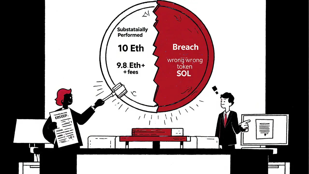 Un juge frappe une pièce numérique divisée en deux : 9,8 ETH valide et SOL erroné, dans une salle d&#039;audience stylisée.