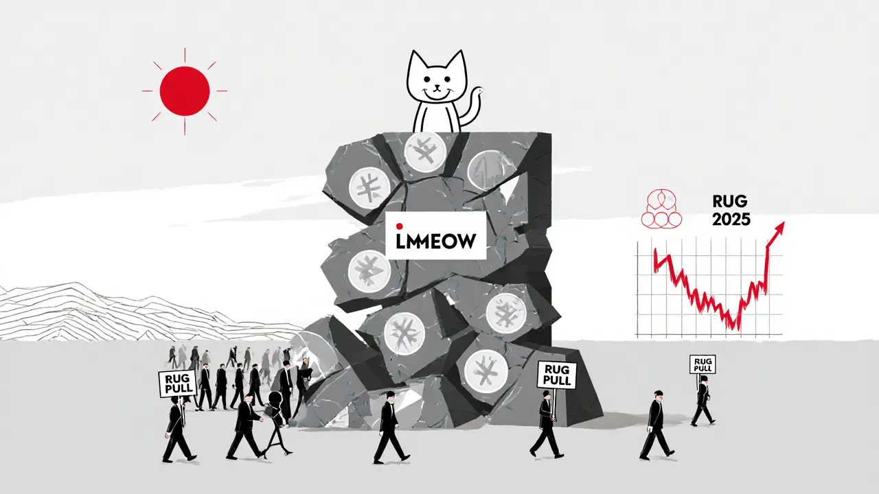 Un monument LMEOW s&#039;effondre, un chat sourit dessus tandis que des personnes s&#039;éloignent, avec un graphique de prix en déclin en arrière-plan.