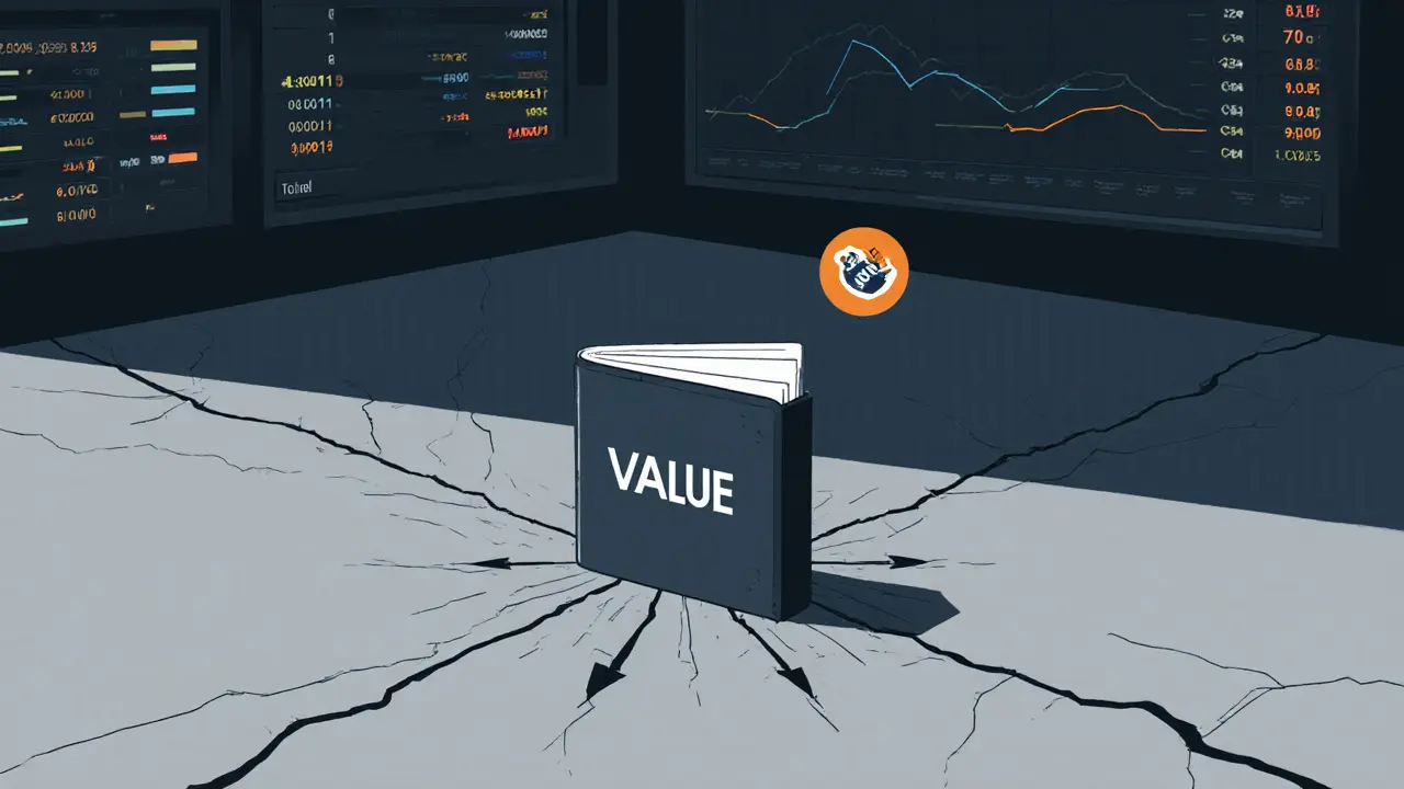 Un portefeuille VALUE isolé sur un marché numérique détruit, avec des graphiques vides et un pool de liquidité faible.