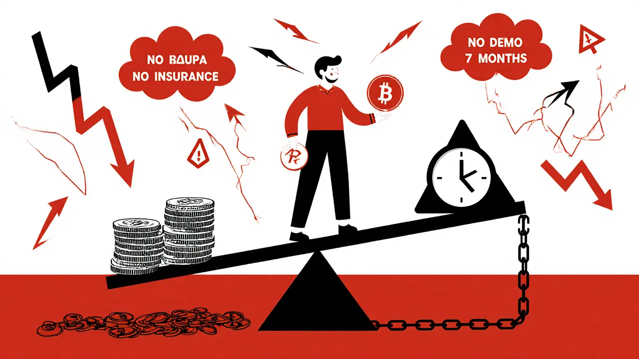 Un trader tenant un jeton BIA sur une balance basculant vers le risque avec des avertissements géométriques.