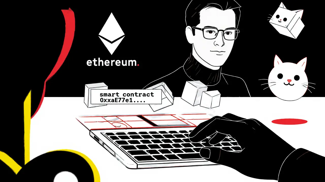Une main tape un contrat intelligent Ethereum, entourée de memes sous forme de formes géométriques, avec une silhouette d&#039;Edward Snowden en arrière-plan.